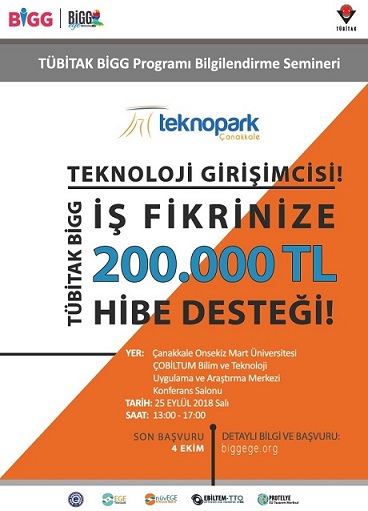  Teknoloji Girişimcilerinin 200.000 ₺ Hibe ile Desteklendiği Çanakkale Teknopark - Ege Teknopark İşbirliği ile TÜBİTAK 1512 BIGG Programı Tanıtımı