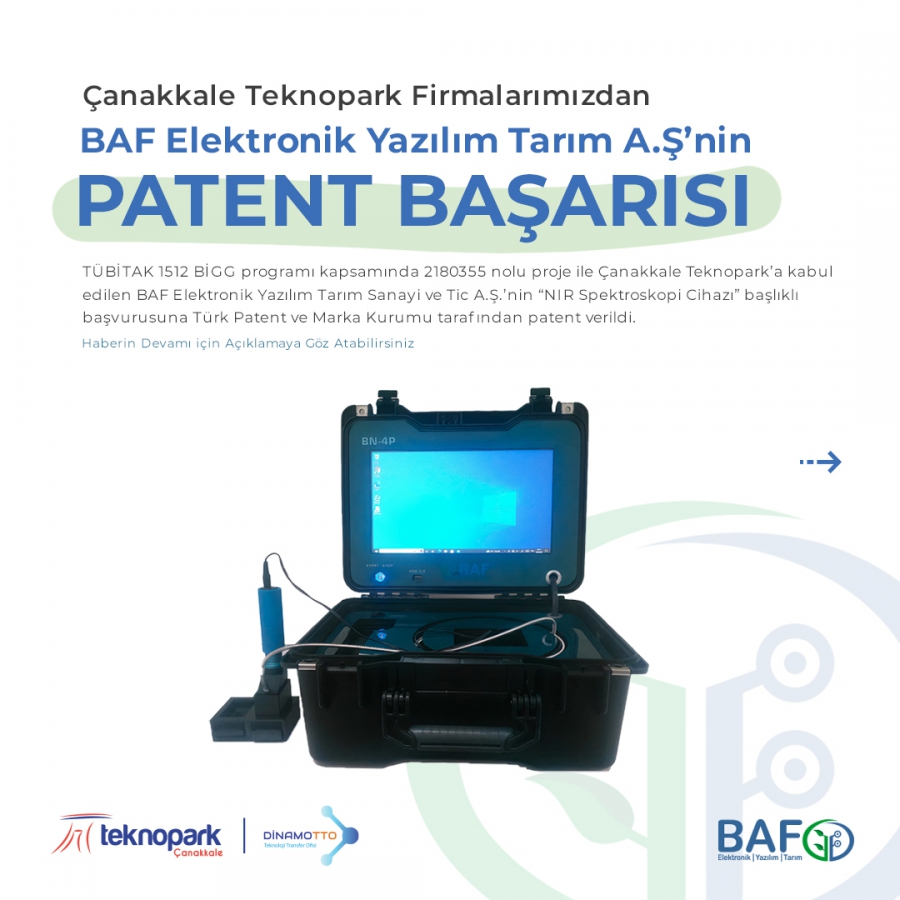 Çanakkale Teknopark Firmalarımızdan BAF Elektronik Yazılım Tarım A.Ş’nin PATENT BAŞARISI